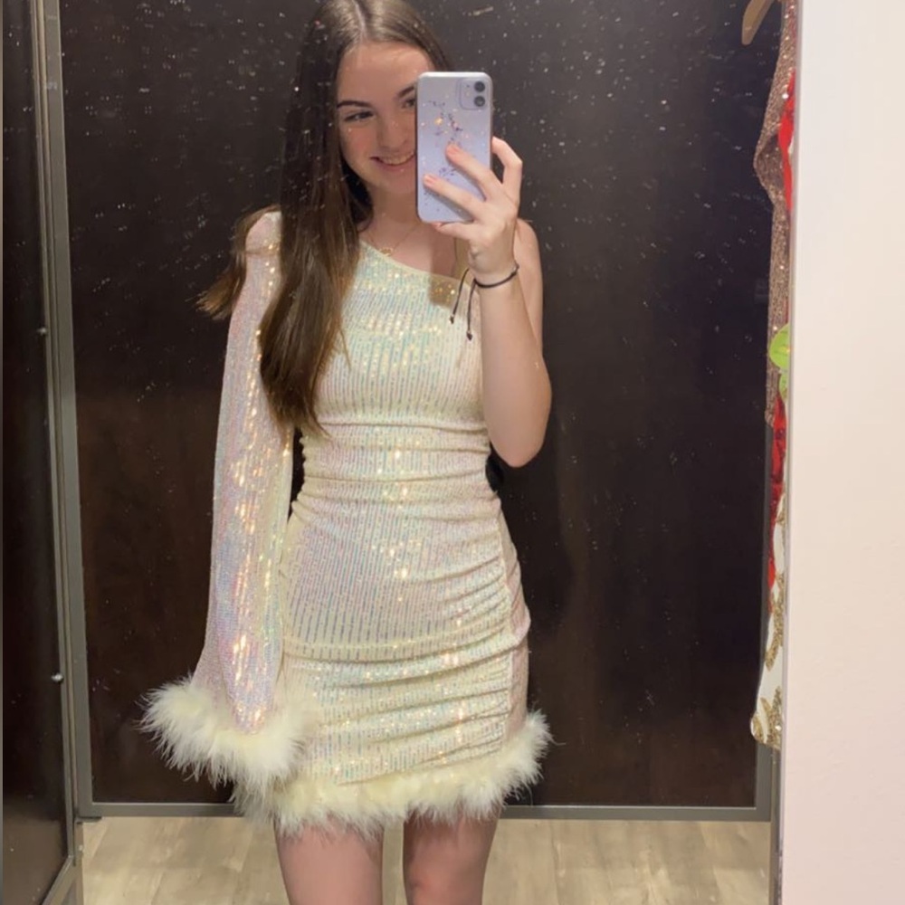 Windsor Iridescent One-Shoulder Dress with Feather Trim